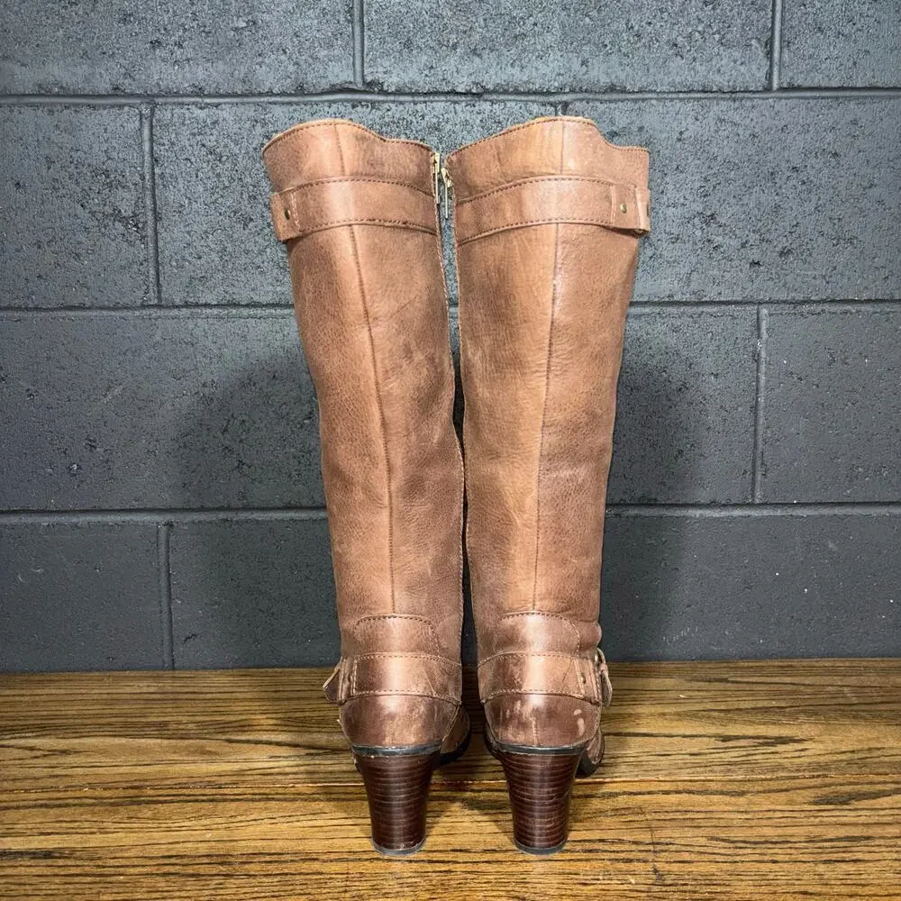 Born Tall Leather Boots Brown Riding Buckle Stacked Heel Size 8.5 - Picture 5 of 11